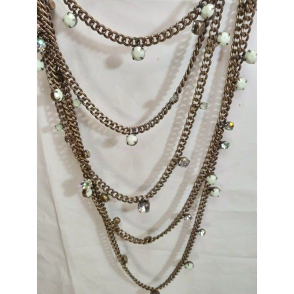 Vintage Chico's Five Strand Brass Link and Rhinestone Necklace